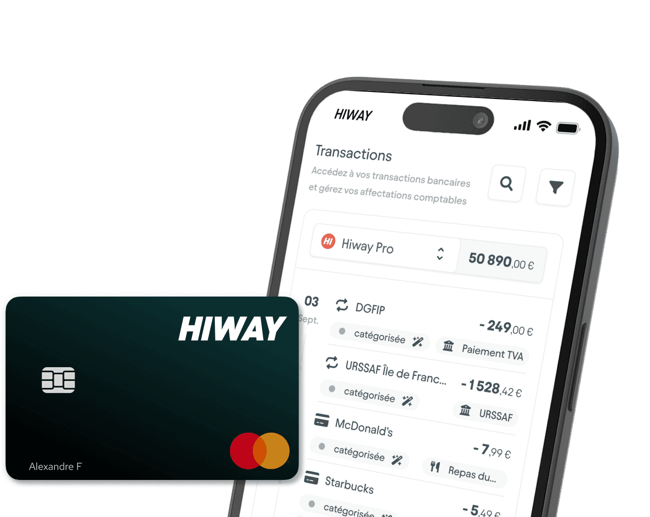 Carte Mastercard et application du compte pro Hiway avec les transactions catégorisées